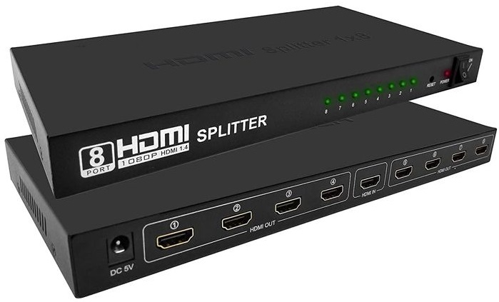 Rozbočovač s 8 výstupy. Můžete připojit několik HDMI obrazovek k jednomu HDMI zdroji signálu.