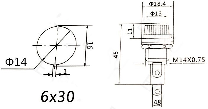 Držák pojistky 6x30mm 250V 10A F14 - 100pcs