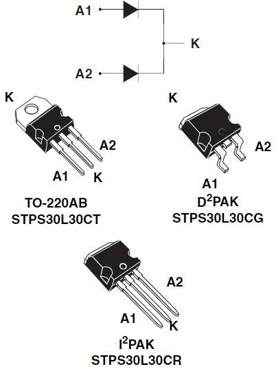 STPS30L30CT 30V, 30A duální Low Drop power Schottkyho dioda