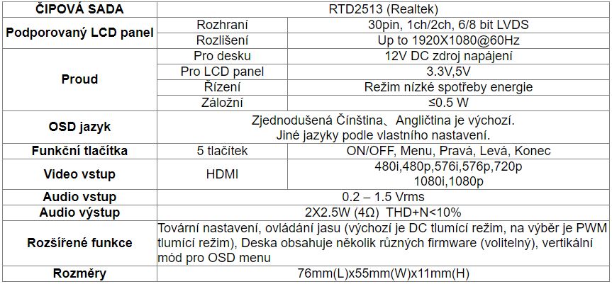 RTD2513 V1.0 LVDS HDMI řídicí deska displeje
