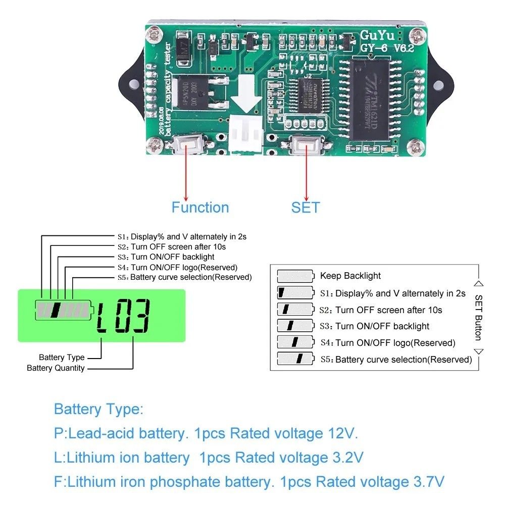 GY-6 12V-48V LCD indikátor stavu baterie, panelový