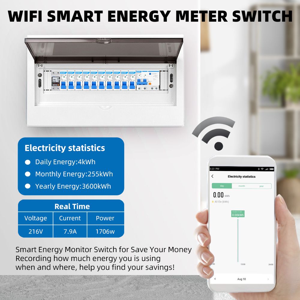 TVPS1-63T Tuya WiFi inteligentní přepěťová a podpěťová ochrana, jistič, časovač a elektroměr kWh, briv