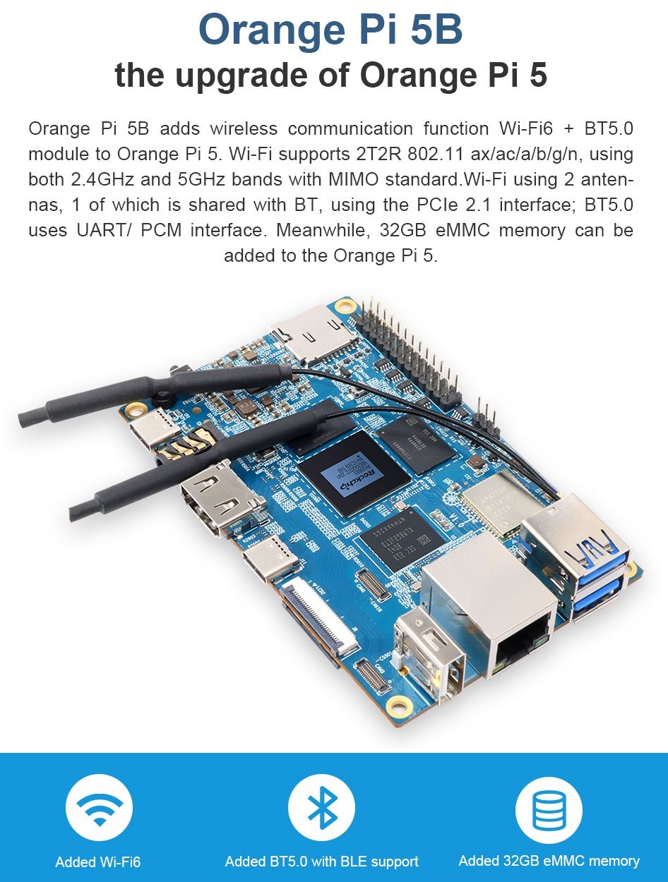 Orange Pi 5B je open-source jednodeskový počítač s gigabitovým Ethernetem, s Wi-Fi6 a a integrovanou pamětí eMMC