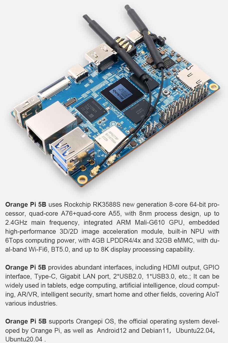 Orange Pi 5B je open-source jednodeskový počítač s gigabitovým Ethernetem, s Wi-Fi6 a a integrovanou pamětí eMMC