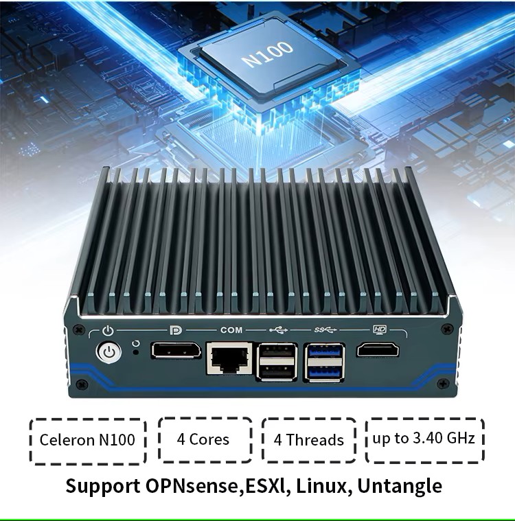 N1241 Průmyslové Mini PC Barebone Fanless N100, briv