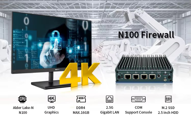N1241 Průmyslové Mini PC Barebone Fanless N100, briv