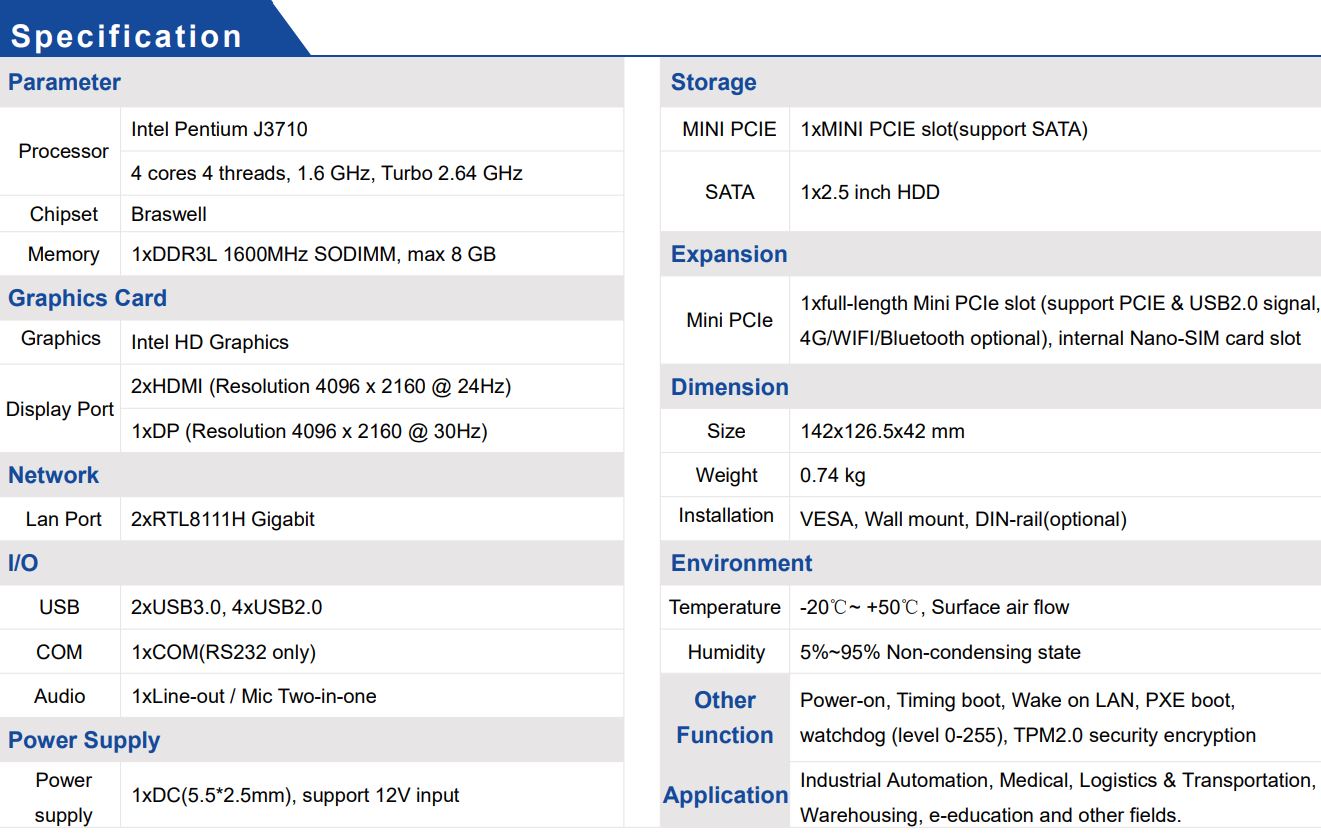 IEXP-302, J3710 průmyslové mini PC, bezventilátorové, 12V, Barebone, briv