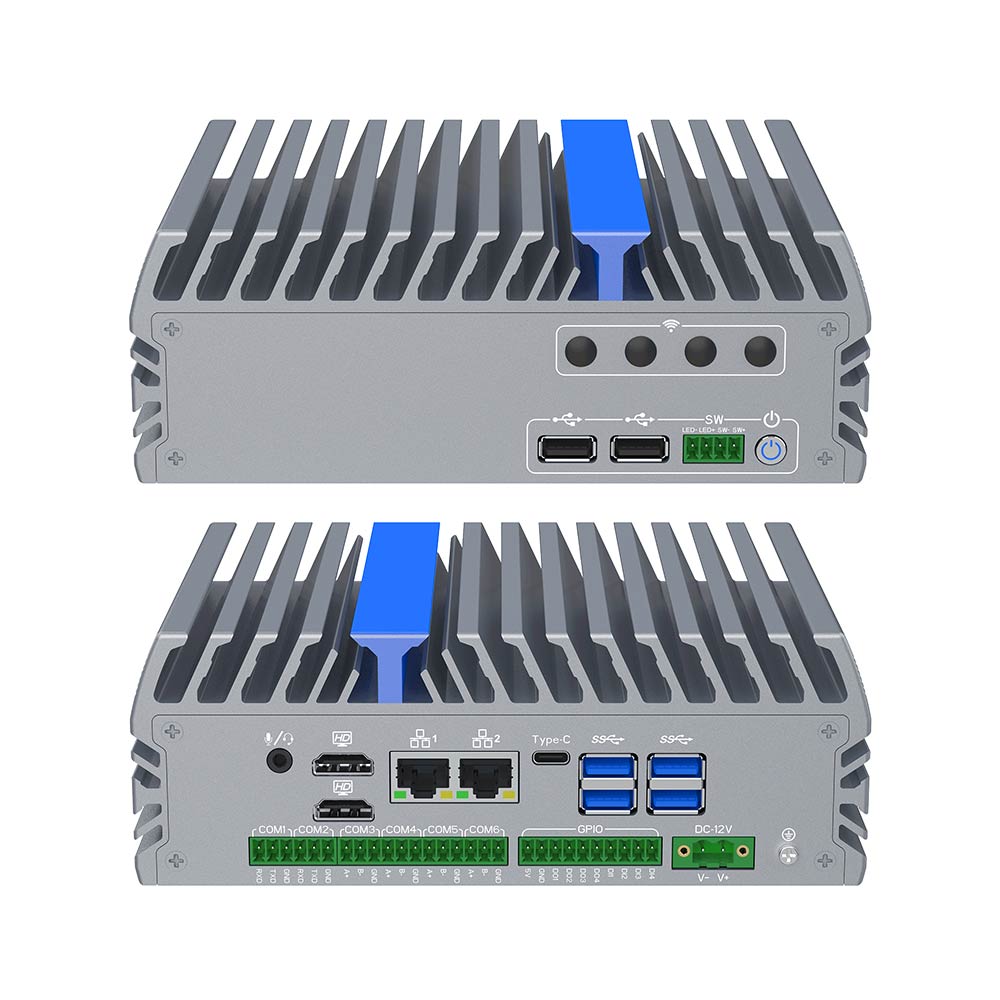 IEXP-322 průmyslové PC, Intel N100, DDR5, 2× 2.5G LAN, 6× COM, briv