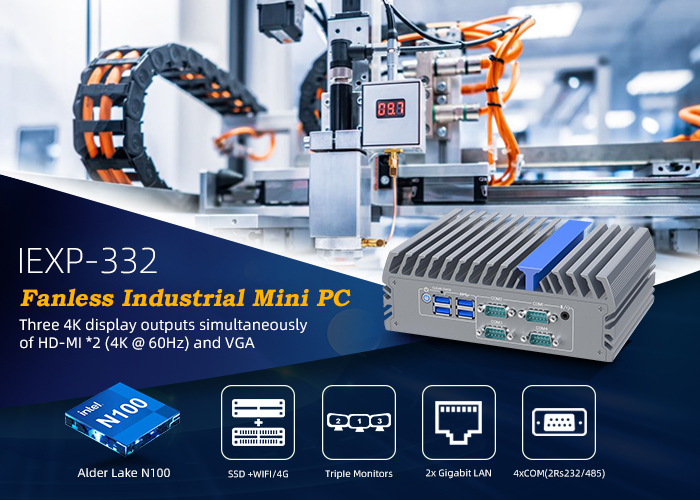 IEXP-332 průmyslové PC, Intel N100, 2× HDMI, VGA, 4× COM, Dual LAN, Barebone, briv