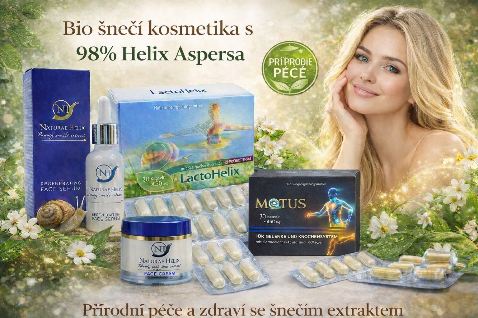 Bio šnečí kosmetika Helix Aspersa – přírodní péče o pleť, regenerace a podpora zdraví Bio kosmetika se šnečím slizem Helix Aspersa obsahující pleťový krém, regenerační sérum a doplňky stravy – probiotika a kapsle na klouby pro přirozenou regeneraci, hydrataci a zdraví