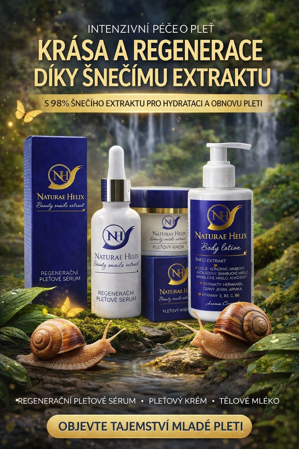 Šnečí pleťová kosmetika Naturae Helix pro hydrataci a regeneraci pleti Šnečí pleťová kosmetika Naturae Helix s 98% šnečího extraktu pro hydrataci, regeneraci a omlazení pleti