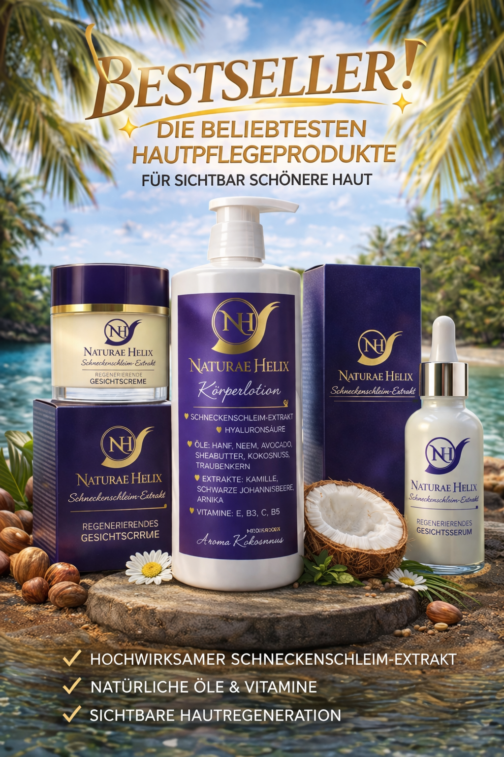 Bestseller Luxus Hautpflege Set mit Schneckenschleim-Extrakt von Naturae Helix bestehend aus regenerierender Gesichtscreme, Anti-Aging Serum und feuchtigkeitsspendender Körperlotion mit Hyaluronsäure, natürlichen Ölen und Vitaminen für sichtbar glattere, strahlende und jugendliche Haut