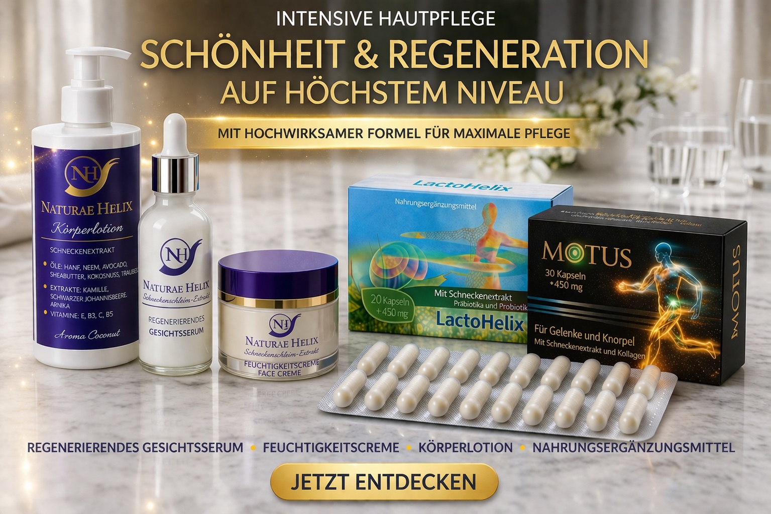 Luxuriöses Naturae Helix Hautpflege Set mit Schneckenschleim-Extrakt – regenerierendes Gesichtsserum, intensive Feuchtigkeitscreme und Körperlotion sowie LactoHelix und Motus Kapseln für Anti-Aging, Hautstraffung, Zellregeneration, Feuchtigkeit und ganzheitliche Schönheit