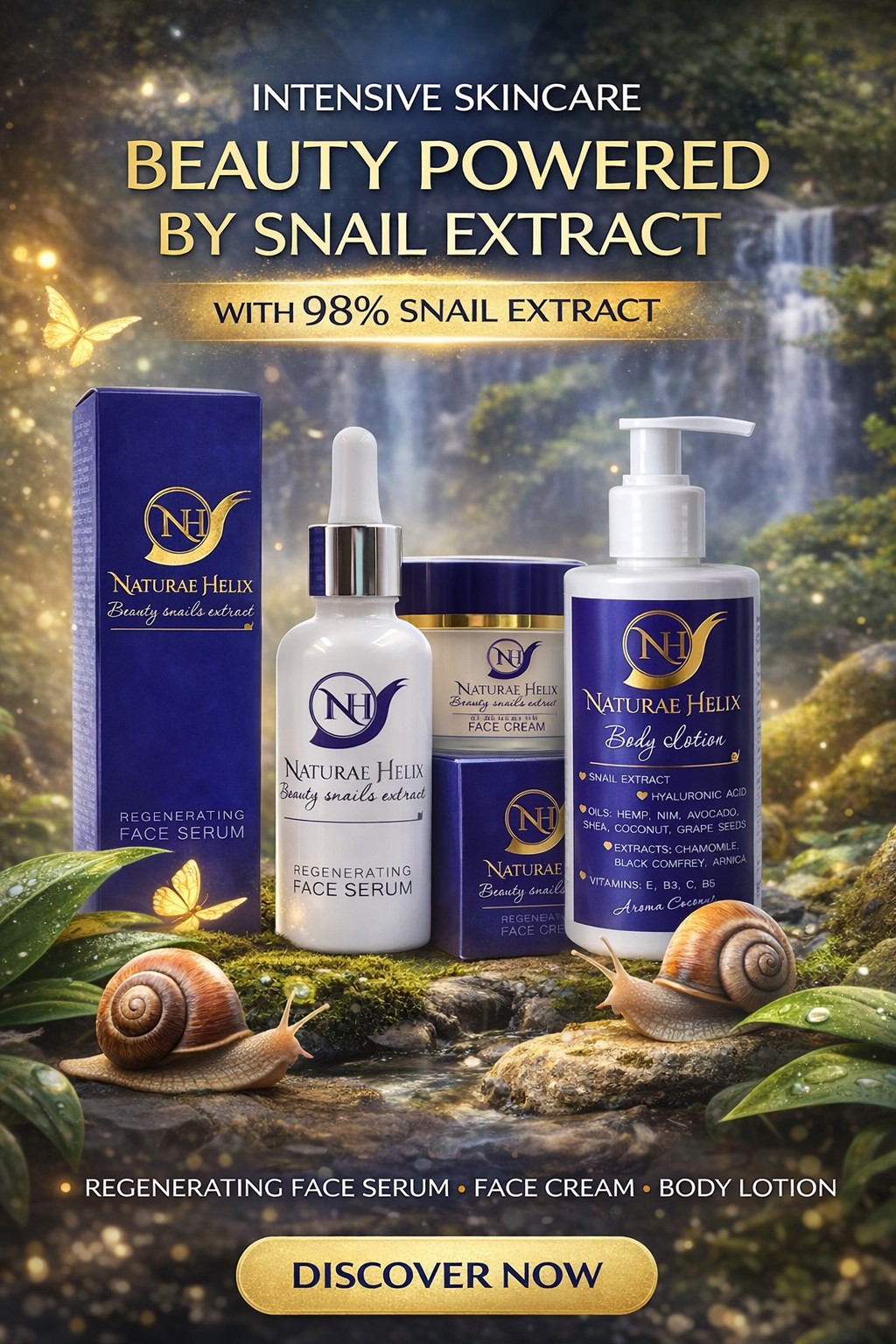 Luxury 98% snail mucin skincare set by Naturae Helix featuring anti-aging regenerating face serum, deeply hydrating face cream and nourishing body lotion designed for intensive skin repair, wrinkle reduction, elasticity and radiant youthful glow