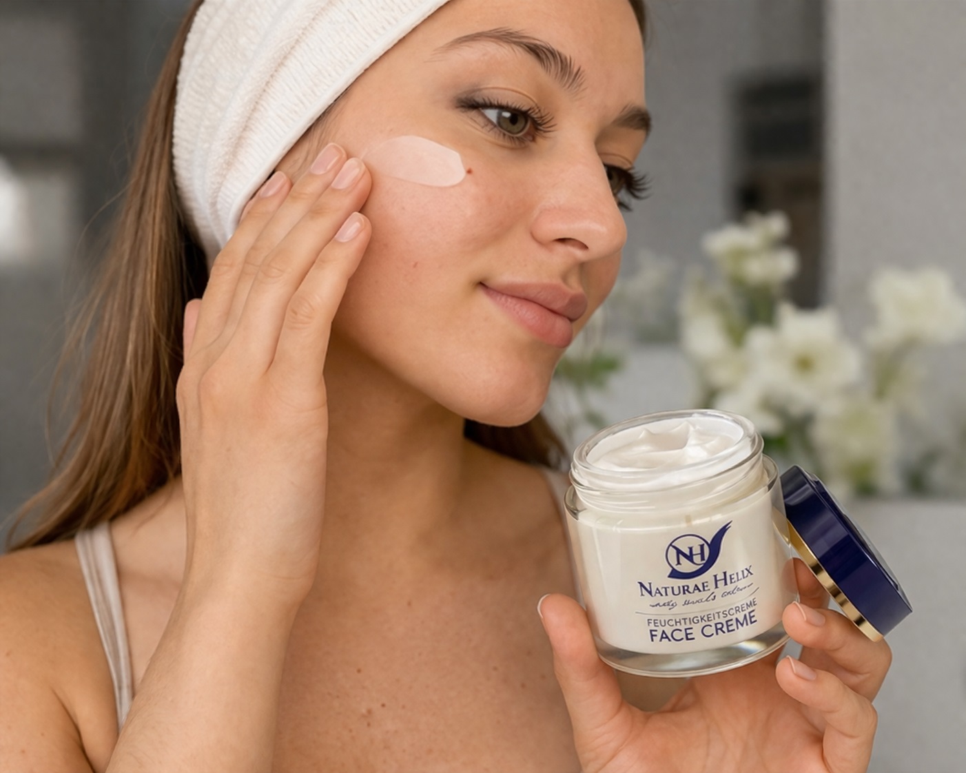 Woman applying luxury hydrating face cream as part of daily skincare routine for glowing, smooth and youthful skin, featuring anti-aging moisturizer that deeply nourishes, improves skin texture and supports natural skin regeneration