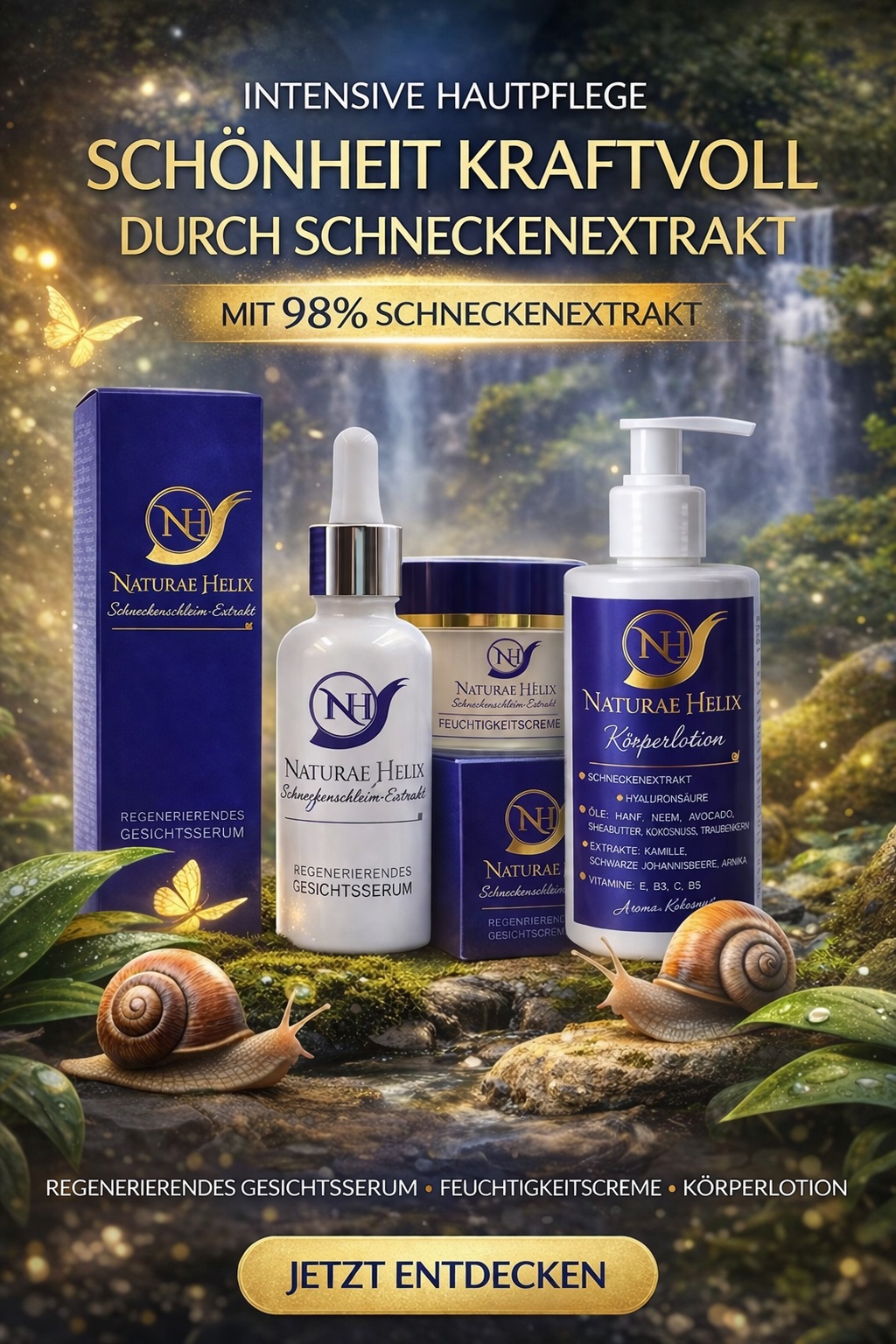 Naturae Helix Schneckenschleim Hautpflege – Intensive Anti-Aging Pflege mit 98% Schneckenextrakt für strahlende, hydratisierte Haut Luxuriöse Naturae Helix Hautpflege mit Schneckenschleim-Extrakt – regenerierendes Gesichtsserum, Feuchtigkeitscreme und Körperlotion für Anti-Aging, intensive Hydratation und strahlend schöne Haut