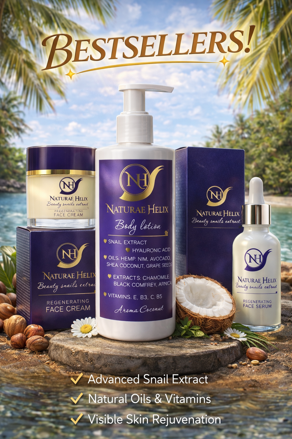 Naturae Helix bestseller snail mucin body lotion with hyaluronic acid and natural oils for anti-aging, deep hydration, skin repair, firming and smooth glowing skin with coconut scent