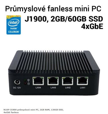 N10P-J1900 průmyslové mini PC, 2GB RAM, 120GB SSD, 4xGbE fanless
