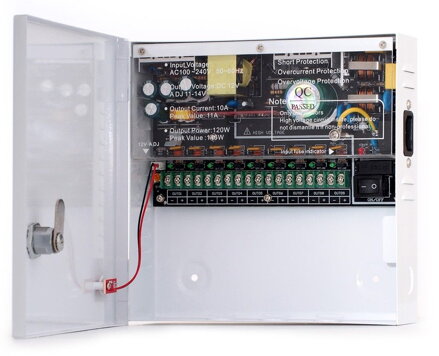 RGB-1210-09C impulsní napájecí zdroj, 12V DC, 9 portů, 10A, nástěnný v instalační skříňce