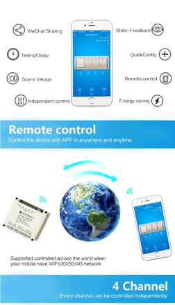 4 kanálový bezdrátový Smart Home WiFi přepínač