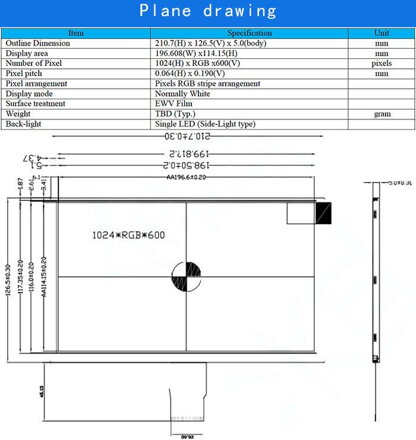9" TFT, 1024*600, RGB, 50pin displej