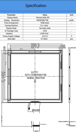 8" TFT, 1024x768, LVDS, 40pin displej