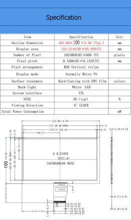 7" TFT, IPS, 1024x600, RGB, 50pin displej
