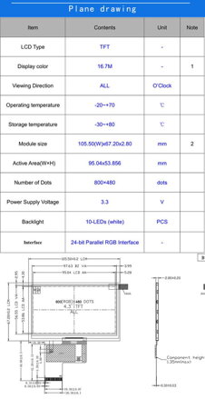 4.3" palcový TFT IPS displej 800x480 40pin