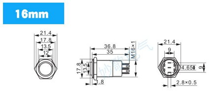 LED tlačítkový spínač 12-24V, 3A, 16mm, IP66