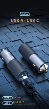 GC19 QP 100W nabíječka do auta, USB-C - PD, USB-A QC3.0