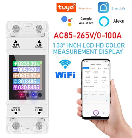 AT2P Tuya WIFI Chytrý Vypínač a Měřič Energie AC 220V 100A