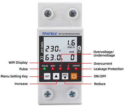 TVPS1-63T Tuya WiFi inteligentní, jistič, elektroměr kWh