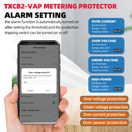 63A 1P+N WIFI smart switch elektroměr KWh