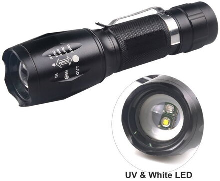 E17B 3W UV LED + 3W bílá LED duální výkonná svítilna, zoomovatelná