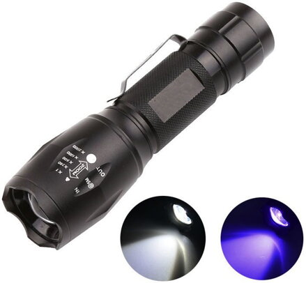 E17B 3W UV LED + 3W bílá LED duální výkonná svítilna, zoomovatelná