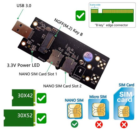M.2 NGFF Key B na USB 3.0 adaptér s 6pinovým slotem pro dvě SIM karty