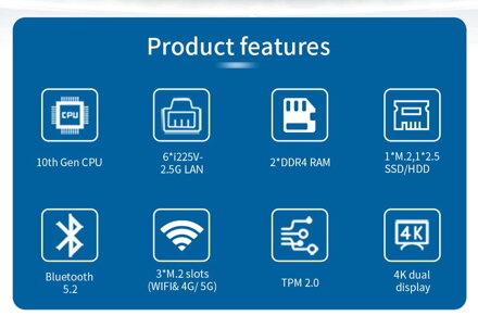 N3061 i5-10210U, 6 LAN, barebone, fanless, průmyslový počítač