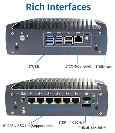 N3061 i5-10210U, 6 LAN, barebone, fanless, průmyslový počítač