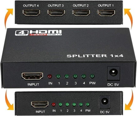 HDMI splitter 1-4 portů, kovový, bez napájecím adaptérem