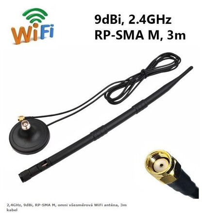2,4GHz, 9dBi, RP-SMA M, omni všesměrová WiFi anténa, 3m kabel