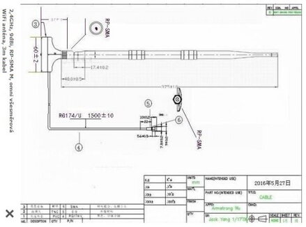 2,4GHz, 9dBi, RP-SMA M, omni všesměrová WiFi anténa, 3m kabel