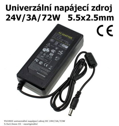 YU2403 univerzální napájecí zdroj DC 24V/3A/72W 5.5x2.5mm CE - neoriginální