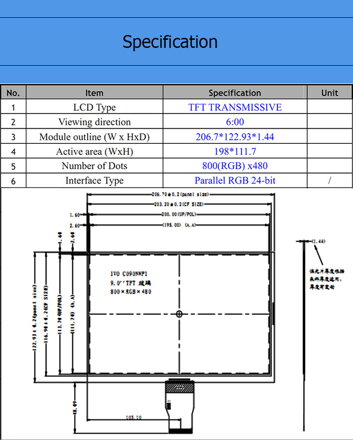 9" TFT, 800x480, RGB, 50pin displej