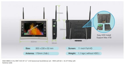 RGB-WBK13-D1/JWT 4CH IP 11" LCD kamerový bezdrátový set - NVR wifi kit + 4x IP 960p wifi kamery sada