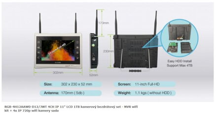 RGB-4H12AAW0-D12/JWT 4CH IP 11" LCD 1TB kamerový bezdrátový set - NVR wifi kit + 4x IP 720p wifi kamery sada