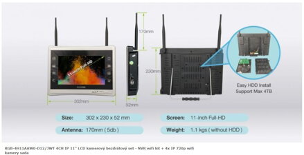 RGB-4H11AAW0-D12/JWT 4CH IP 11" LCD kamerový bezdrátový set - NVR wifi kit + 4x IP 720p wifi kamery sada