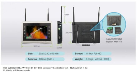 RGB-WBK820-D1/JWT 8CH IP 11" LCD kamerový bezdrátový set - NVR wifi kit + 8x IP 1080p wifi kamery sada