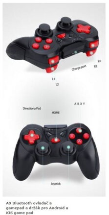 A9 Bluetooth ovladač a gamepad a držák pro Android a iOS game pad