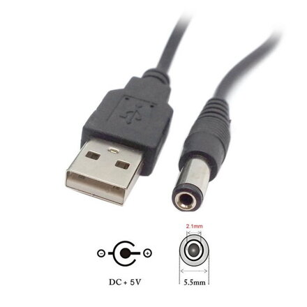 DC napájecí kabel z USB A portu na jack 5.5 x 2.1 mm