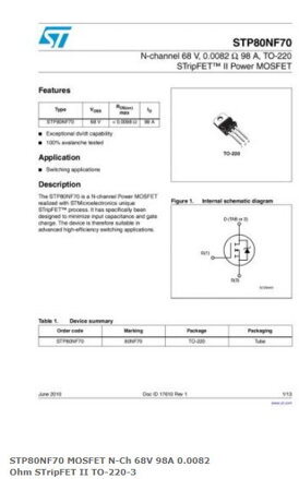 STP80NF70 MOSFET N-Ch 68V 98A 0.0082 Ohm STripFET II TO-220-3